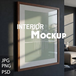Modern Dark Frame Mockup - Wooden Poster Frame | PSD, JPG, PNG | Elegant Shadow Play & Contemporary Interior