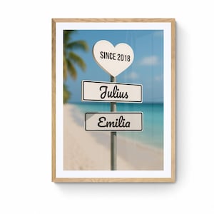 Personalisiertes Paar Poster – Strandbild mit Herz & Namen | Geschenk zur Hochzeit oder Jahrestag | Wanddeko Liebe Digitaldruck