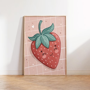 Illustrazione di fragole carine – Poster vintage per la cameretta dei bambini – Download digitale, decorazione di bacche carine per cucina, soggiorno e cameretta dei bambini