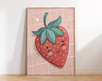 Cute Strawberry Illustration – Vintage Nursery Poster – Digital Download, Cute Berry Decoration for Kitchen, Living Room & Baby Room