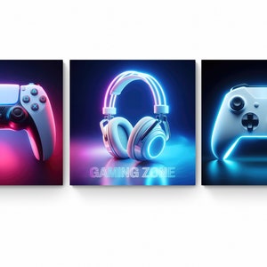 Könnte beinhalten: Drei weiße Gaming-Accessoires vor einem dunklen Hintergrund mit neonblauem und pinkfarbenem Licht. Ein weißer drahtloser Controller, ein weißes Headset und ein weißer kabelgebundener Controller. Das mittlere Bild zeigt den Text "GAMING ZONE" in Neonblau.
