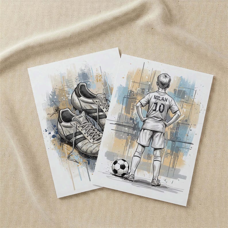 May include: Two art prints featuring soccer-themed illustrations. One print shows a pair of soccer cleats, while the other depicts a soccer player with the name "Milan" and the number "10" on the jersey, standing near a soccer ball.