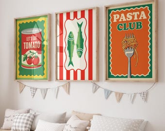 Retro Küchenposter Set – Italienisches Food Poster für Küche, Esszimmer – Pasta, Tomaten & Fisch auf Premium Posterpapier