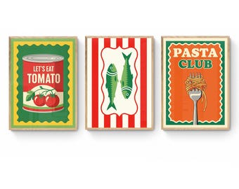 Retro Küchenposter Set – Italienisches Food Poster für Küche, Esszimmer – Pasta, Tomaten & Fisch, Digitale Wanddeko für Esszimmer, Küche