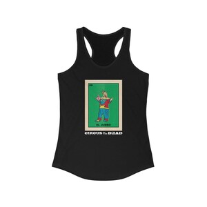 Camiseta sin mangas con espalda cruzada ideal para mujer "Tarjeta de lotería gigante" del Circo de los muertos
