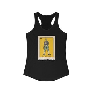 Camiseta sin mangas con espalda cruzada ideal para mujer "Papa Corn Loteria Card" de Circus of the Dead