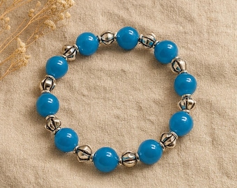 Royal Blue Jade Bead Bracelet: Tibetan Silver Stretch Jewelry