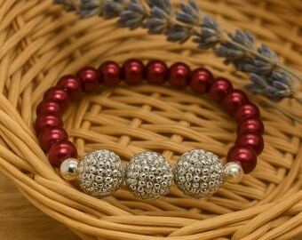 Burgundy Red Glass Pearl Stretch Bracelet with Silver Shamballa Beads