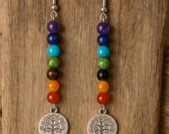 Orecchini Chakra Tree of Life – Pendenti con perline di pietre preziose, gioielli spirituali