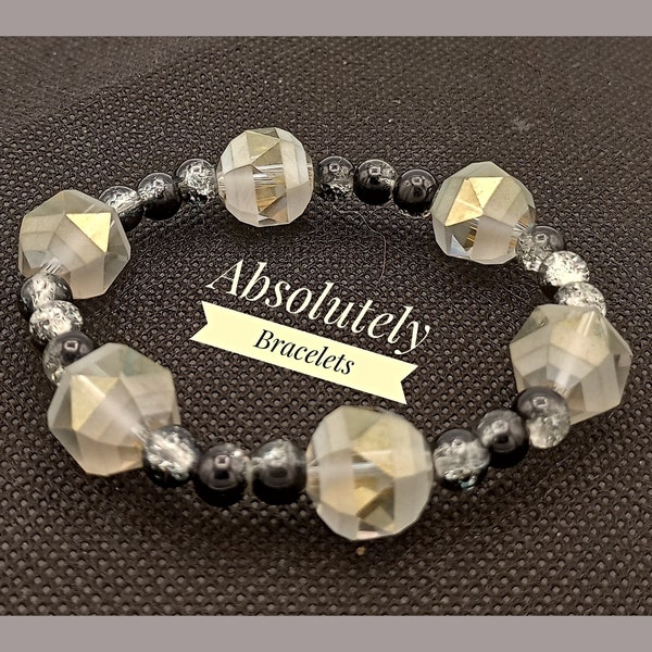 Chunky Grey Large Grey Beads Black Crackled Glass Beads Stretch Bracelet, Hippy  Bracelet, Boho Bracelet, Elastic Bracelet