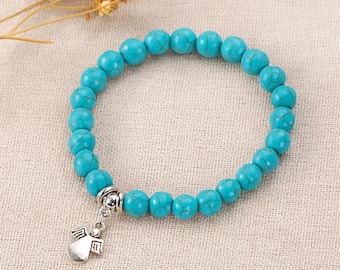 Turquoise Beaded Bracelet with Silver Angel Charm – 8mm Boho Jewelry