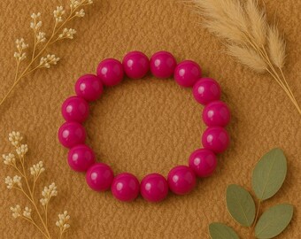 10mm Hot Pink Jade Stretch Elastic Beaded Women Boho Bracelet