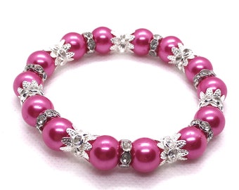Hot Pink Beaded Bracelet, Hot Pink Pearl and Tibetan Silver Bracelet, 8mm Pink Stretch Bracelet