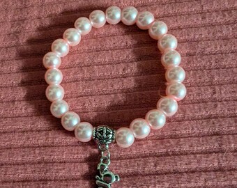 Pink Pearl Kids Bracelet: Silver Teddy Bear Charm, 8mm Bead
