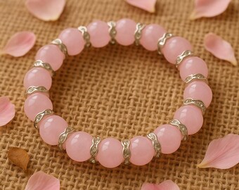 Pink Jade Glass Beaded Bracelet with Silver Spacers