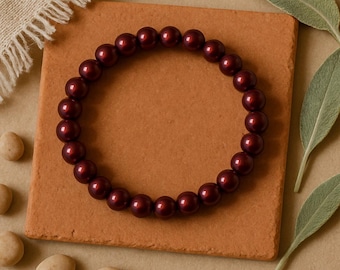 8mm Burgundy Red Glass Pearl Stretch Elastic Bracelet