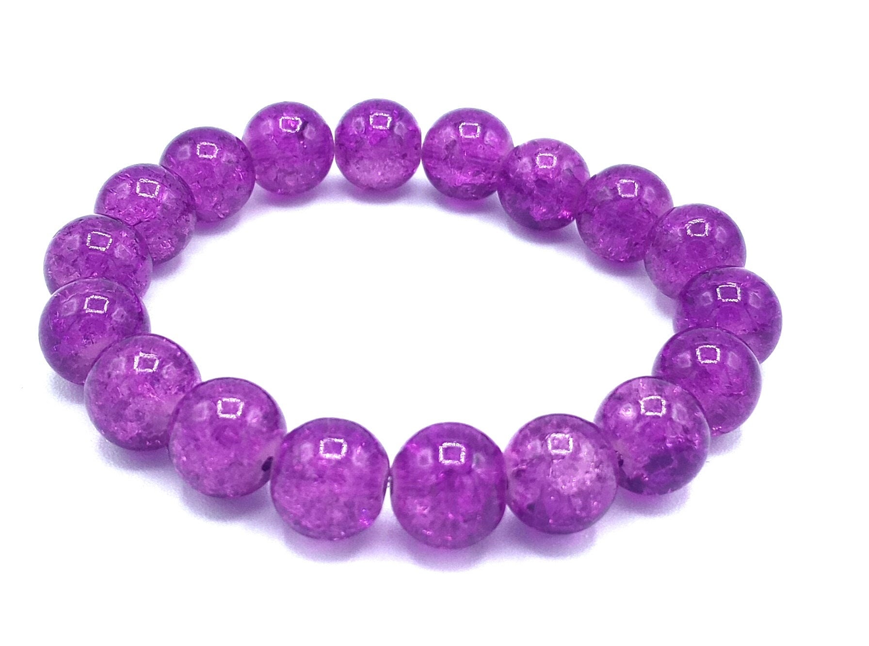 Chunky Purple Pink Crackled Glass Stretch 10mm Bracelet, Large Bead Elastic Bracelet, Purple Stretch Bracelet, Purple Elastic Bracelet, BOHO