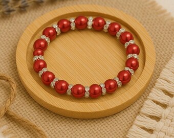 8mm Red Glass Pearl Beaded Bracelet: Rhinestone Silver Spacers