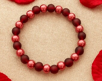 Red Pearl Frosted Glass Stretch Elastic Beaded Women Bracelet Boho Gift 8mm