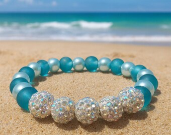Aqua Pearl Frosted Glass Silver Shamballa Elastic Stretch Beaded Women Bracelet Green Blue