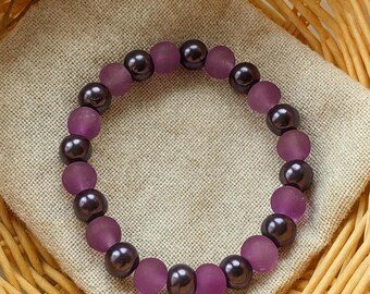 Purple Pearl Frosted Glass Stretch Elastic Stacker Bracelet Beaded for Woman 8mm
