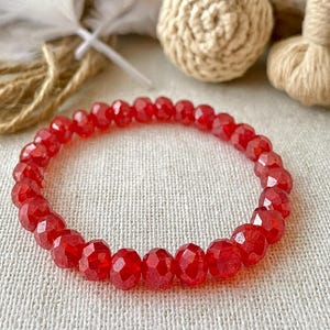 Dark Red Crystal Stretch Bracelet: Faceted Rondelle Bangle (8x6mm), for women