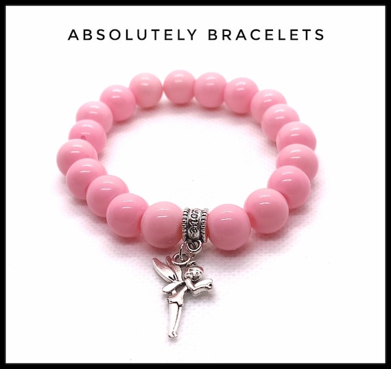 Light Pink Beaded Stretch Bracelet: Silver Fairy Charm, 10mm Beads