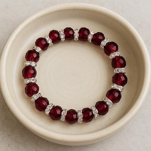 Ruby Red Crystal Bracelet: Faceted Glass Beads with Silver Spacers
