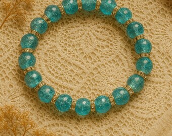 Electric Blue Crackle Glass Stretch Bracelet: Silver Sparkle Bead