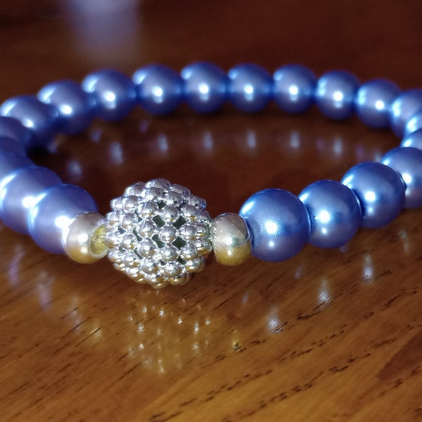 Handmade Blue Faux Pearl Elastic Silver Large Crystal Shamballa Bead Bracelet