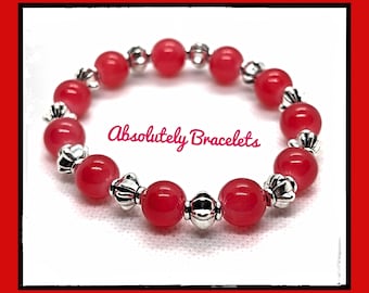 Red Jade Bead Stretch Bracelet with Tibetan Silver Beads
