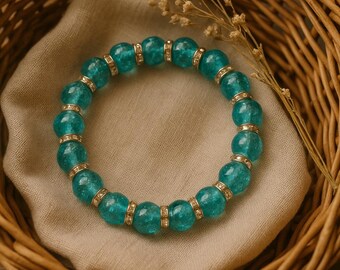 Electric Blue Crackle Glass Bracelet: Silver Sparkle Elastic Stretch