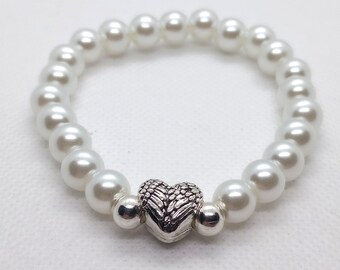 White Pearl and Tibetan Silver Heart Beaded Bracelet, 8mm Glass Pearl Beads,  Handmade Bracelet, Tibetan Silver Heart Charm