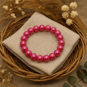 Bracciale spesso con perle finte rosa acceso da 10 mm, perline elastiche, bracciale impilabile con perle rosa acceso, gioiello vistoso con perline, regalo per lei, per donne