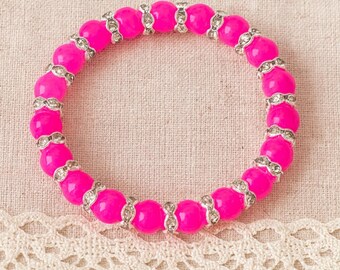 Handmade Hot Pink Beaded Stretch Bracelet with Diamante Spacers