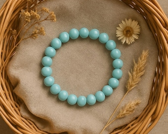 8mm Light Blue Glass Bead Bracelet: Double Strand Stretch Elastic
