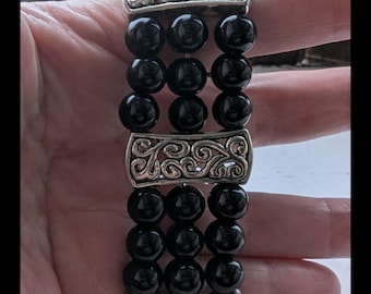 Black Glass Pearl Bracelet, Tibetan Silver, Layered Stretch