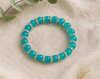 Turquoise Beaded Bracelet: Boho Silver Spacer Stretch Bracelet