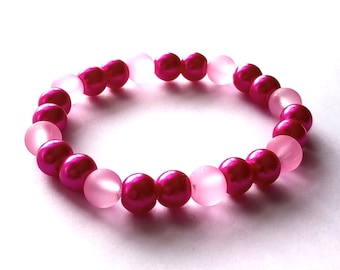 Pink Pearl & Frosted Glass Beaded Stretch Bracelet - Handmade