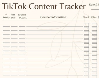 Può includere: Un tracker di contenuti TikTok stampabile con un design a foglia marrone. Il tracker include colonne per priorità, data, posizione, informazioni sui contenuti, girato, modificato e pubblicato.