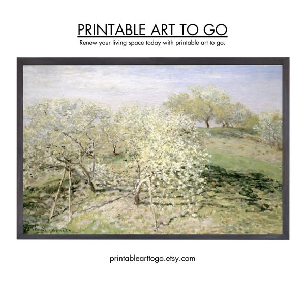 Printable Spring Landscape Painting | Spring Fruit Trees in Bloom | Antique Landscape Wall Art | Printable Wall Art