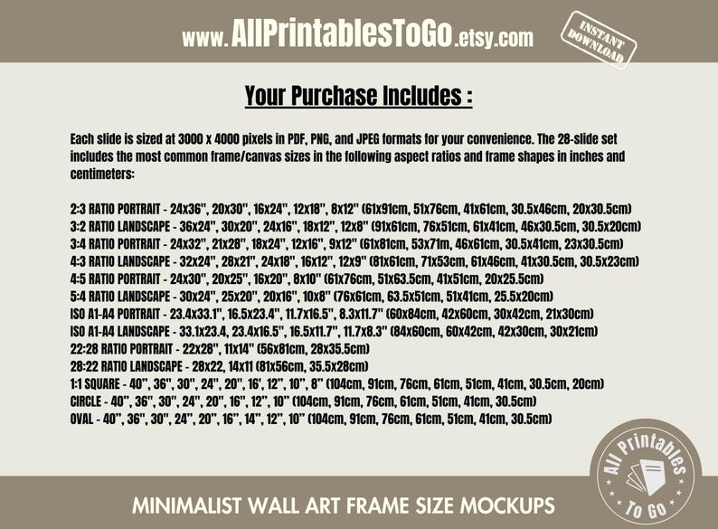 Wall Art Frame Size Guides for Etsy Seller Listings, Aspect Ratio