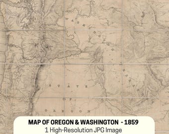 May include: An antique map of Oregon and Washington from 1859, with detailed geographical features and text. The high-resolution JPG image measures 71 cm wide by 53 cm high.