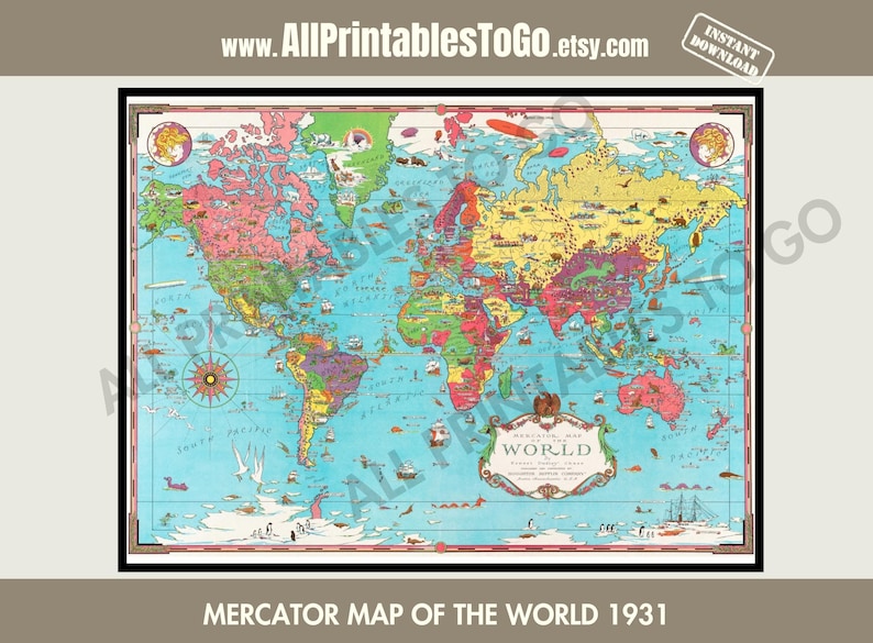 Printable Mercator Map of the World Ca. 1931 Downloadable Wall Map Wall ...