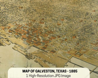 Galveston Texas Map 1885: Vintage Aerial View (Digital Download)