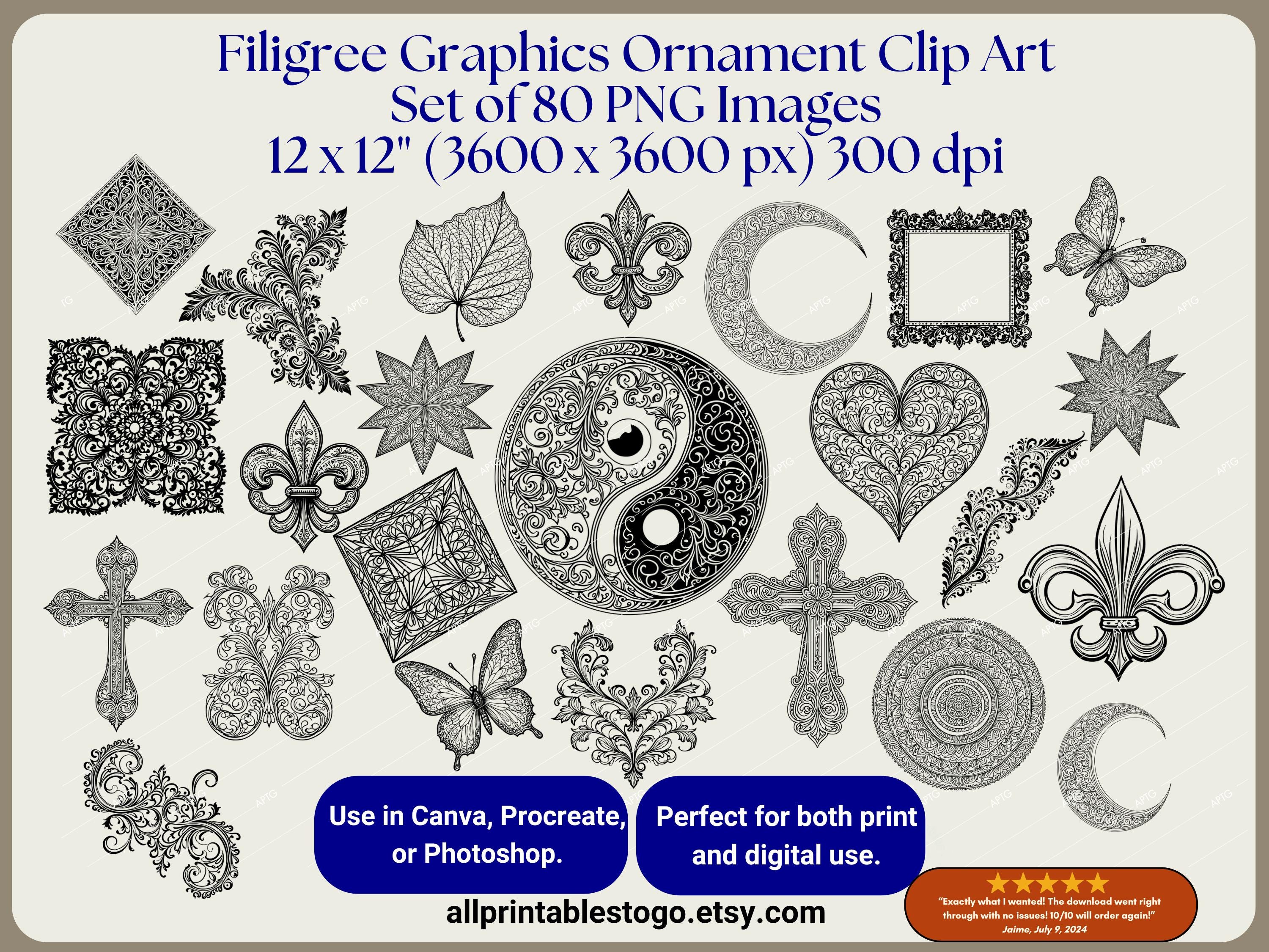 80 Filigree Clip Art PNG SVG – Butterflies, Hearts, Moons, Frames