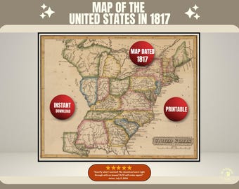 1817 United States Map: Vintage Historical Wall Art (Digital Download)