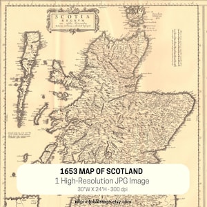 May include: A vintage map of Scotland from 1653, featuring detailed geographical information. The map is printed on aged paper with intricate line work. The text "SCOTIA REGNVM" is visible at the top. The image dimensions are 30"W x 24"H.