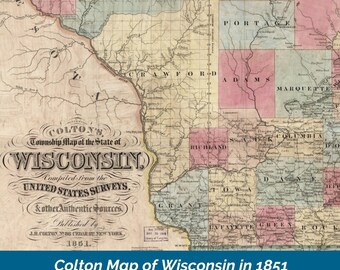 Map of Wisconsin in 1851 | US History Map | Instant Download