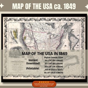 Map of the United States of America ca. 1849, Historical USA Map, History Classroom Map, Vintage USA Map, Office Wall Maps